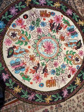 Classic Embroidered Round Tapestry in Cream, Green, Pink, Blue, Orange